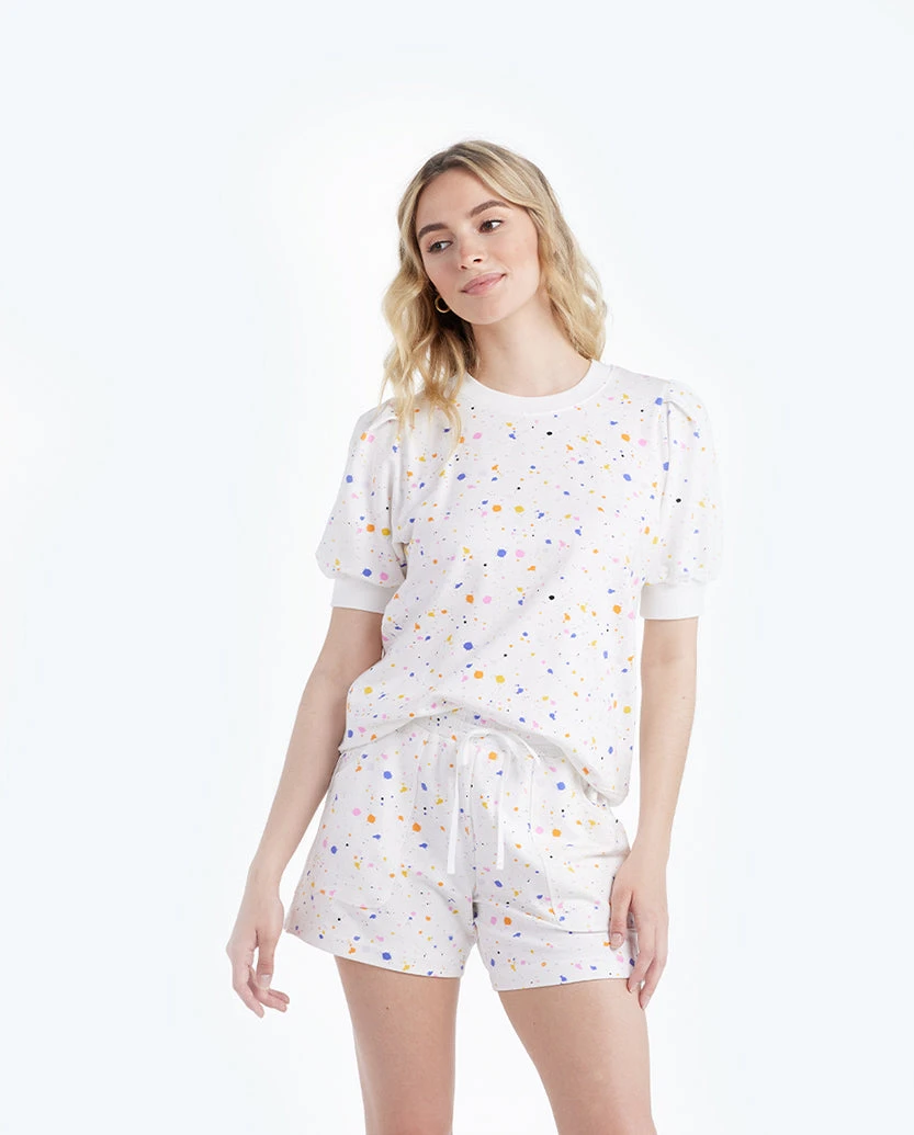 The Softest French Terry Lounge Shorts - Paint Splatter In White Sand 2 The Softest French Terry Lounge Shorts - Paint Splatter In White Sand - Image 2