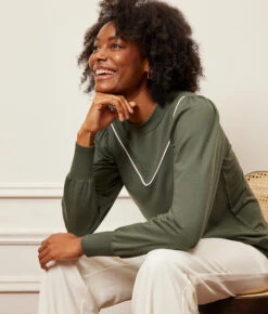 The Softest French Terry Contrast Puff-Sleeve Pullover - Olive & White Sand -Classic Lady Wear Store 1 ModelFront 10a4f526 0c17 4312 bdd1 93e7c7ef3476
