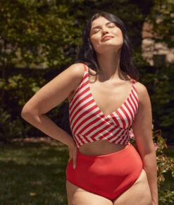 The Sea Breeze Cutout One-Piece - Mixed Stripe In Grapefruit & White Sand -Classic Lady Wear Store 1 ModelFront 4cd090b2 19a2 4db1 aaf8 4c1c6fd444a5
