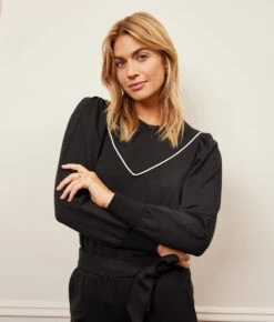 The Softest French Terry Contrast Puff-Sleeve Pullover - Sea Urchin & White Sand -Classic Lady Wear Store 1 ModelFront 4edafc9d 35b9 4f3d a81f efef2baa40ae