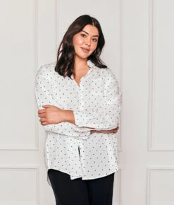 The Perfect Boyfriend Shirt - White Sand & Sea Urchin Pin Dot -Classic Lady Wear Store 1 ModelFront dbb87a33 55ee 4dff a52a e68e5d4c233a
