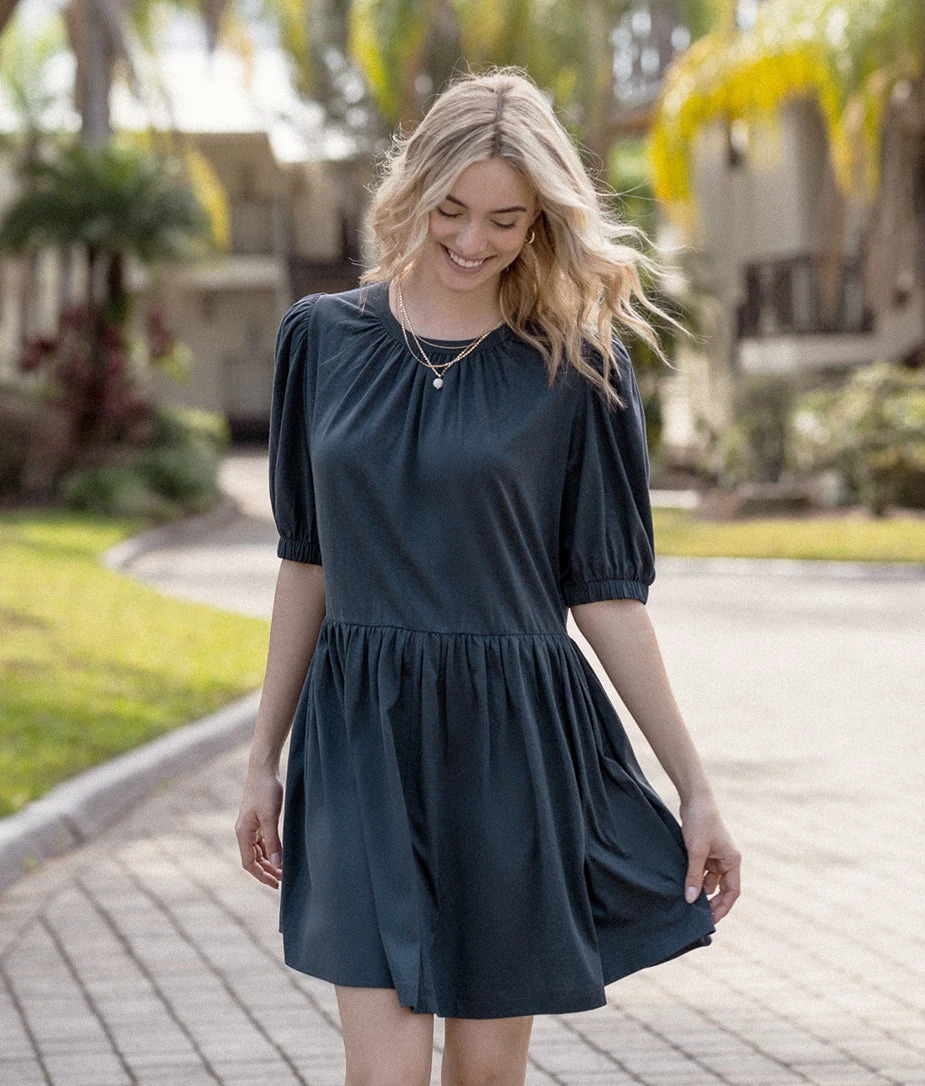 The Luxe Pima Puff-Sleeve Mini Dress - Midnight 2 The Luxe Pima Puff-Sleeve Mini Dress - Midnight - Image 2