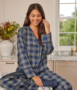 The Cloud 9 Silky Pajama Set - Buffalo Check In Deep Sea & Gold -Classic Lady Wear Store 2ModelFrontBuffalo