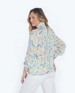The Silky Mock Neck Blouse - Wildflower Fields In Sunshine & Coral -Classic Lady Wear Store 2 ModelBack 3b83da4d 478e 4cfa abd5 87f03d2766af