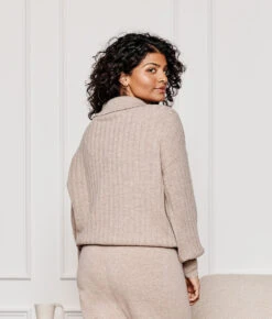 The Coziest Cashmere Blend Ribbed Half-Button Sweater - Toffee -Classic Lady Wear Store 2 ModelBack 6c10db16 b4e0 4ddc ad1b 0da71ab64b6a