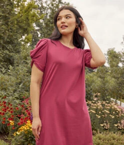The Luxe Pima Twist-Sleeve T-Shirt Dress - Currant -Classic Lady Wear Store 2 ModelBack 6f458c45 0417 41ae 998d 5f26d6216bad