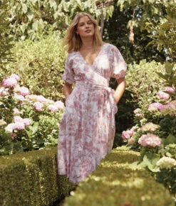 The Coastal Poplin Puff-Sleeve Wrap Midi Dress - Batik Floral In Faded Rose & White Sand -Classic Lady Wear Store 2 ModelBack a7326308 93aa 4528 9ec1 4f247a1deb7a