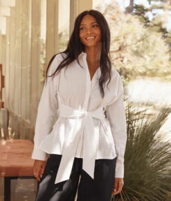 The Perfect Tie-Waist Girlfriend Shirt - White Sand -Classic Lady Wear Store 2 ModelBack f3db7b35 0c5a 42f6 afd7 433c856e9ef6