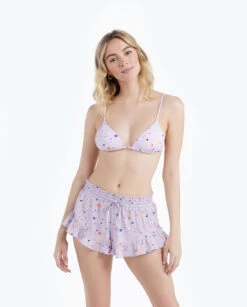 The Silky Ruffle Shorts - Paint Splatter In Lilac -Classic Lady Wear Store 2 ModelBack f9720106 fcbb 4bbd b12d a59e4dee4131