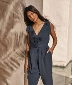 The Going Places Gauze Tie-Shoulder Jumpsuit - Midnight -Classic Lady Wear Store 3 ModelFullBody 2545d469 59b0 412f bf62 015c47744102