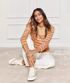 The Luxe Pima Long Sleeve Tee - Toffee & Lava Stripe -Classic Lady Wear Store 3 ModelFullBody 5a9ef953 9257 4efd 975a cb136f6a2ce0