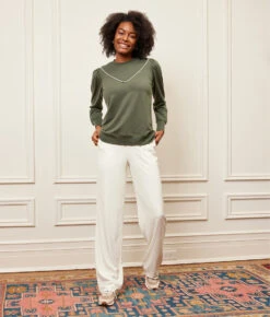 The Softest French Terry Contrast Puff-Sleeve Pullover - Olive & White Sand -Classic Lady Wear Store 3 ModelFullBody 9ff42122 8649 48c0 8f07 47c1f59da841