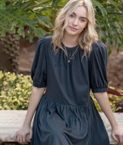 The Luxe Pima Puff-Sleeve Mini Dress - Midnight 7 The Luxe Pima Puff-Sleeve Mini Dress - Midnight -Classic Lady Wear Store 3 ModelFullBody d32318c5 443c 4bc7 9dd3 631c2a7badac