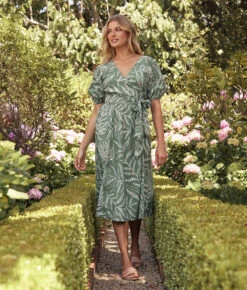 The Coastal Poplin Puff-Sleeve Wrap Midi Dress - Dotted Palms In Seagreen & White Sand -Classic Lady Wear Store 3 ModelFullBody ea772438 2853 45f9 b13f 084f35917f53