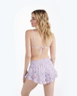 The Silky Ruffle Shorts - Paint Splatter In Lilac -Classic Lady Wear Store 3 ModelFullBody ee0c0eda ade5 4398 a99a 36f32b60f361