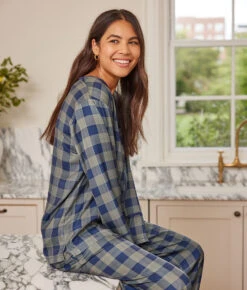 The Cloud 9 Silky Pajama Set - Buffalo Check In Deep Sea & Gold -Classic Lady Wear Store 4ModelFrontBuffalo
