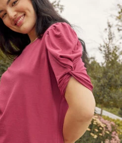 The Luxe Pima Twist-Sleeve T-Shirt Dress - Currant -Classic Lady Wear Store 4 ModelDetail ac601124 240a 4e0f a787 40b3d4696b82