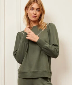The Softest French Terry Contrast Puff-Sleeve Pullover - Olive & White Sand -Classic Lady Wear Store 5 ExtraProductShot 9270bed4 fb95 4546 90b4 4d40fd7c7c52