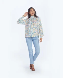 The Silky Mock Neck Blouse - Wildflower Fields In Sunshine & Coral -Classic Lady Wear Store 5 ExtraProductShot 9c61ef66 ea00 4b15 9edf 9b37824c334c