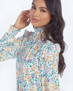 The Silky Mock Neck Blouse - Wildflower Fields In Sunshine & Coral -Classic Lady Wear Store 7 ExtraProductShot3 bf8067a6 746b 4c6d 848a 6927edb56c8d