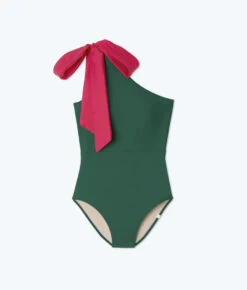 The Bow-Shoulder Ruched Sidestroke - Olive & Spritz 11 The Bow-Shoulder Ruched Sidestroke - Olive & Spritz -Classic Lady Wear Store Bow ShoulderRuchedSidestroke Olive Spritz Flat