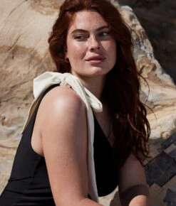 The Bow-Shoulder Ruched Sidestroke - Sea Urchin & White Sand -Classic Lady Wear Store Bow ShoulderRuchedSidestroke SeaUrchin WhiteSand 3Detail