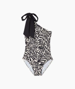 The Bow-Shoulder Ruched Sidestroke - Abstract Palm In Sea Urchin & White Sand -Classic Lady Wear Store Bow Shoulder Ruched Sidestroke Abstract Palm Sandshell Flat