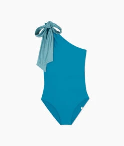 The Bow-Shoulder Ruched Sidestroke - Bluestone & Mist 7 The Bow-Shoulder Ruched Sidestroke - Bluestone & Mist -Classic Lady Wear Store Bow Shoulder Ruched Sidestroke Stone Blue Oceanside FLAT