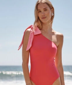 The Bow-Shoulder Ruched Sidestroke - Watermelon & Pink Lemonade -Classic Lady Wear Store Bow Shoulder Ruched Sidestroke Watermelon Pink Lemonade 3