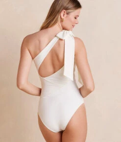 The Bow-Shoulder Ruched Sidestroke - White Sand 13 The Bow-Shoulder Ruched Sidestroke - White Sand -Classic Lady Wear Store BowShoulderRuchedSidestroke WhiteSand Back Crop
