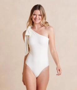 The Bow-Shoulder Ruched Sidestroke - White Sand 12 The Bow-Shoulder Ruched Sidestroke - White Sand -Classic Lady Wear Store BowShoulderRuchedSidestroke WhiteSand Front