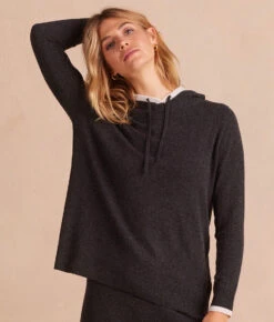 The Coziest Cashmere Blend Hoodie - Charcoal & White Sand -Classic Lady Wear Store CashBlendHoodie SeaUrchin Crop Front2