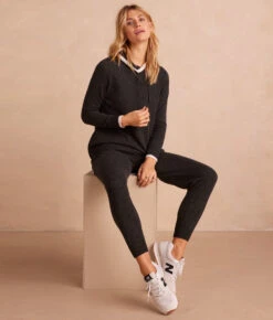 The Coziest Cashmere Blend Hoodie - Charcoal & White Sand -Classic Lady Wear Store CashBlendHoodie SeaUrchin Front Full3