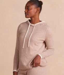 The Coziest Cashmere Blend Hoodie - Toffee & White Sand -Classic Lady Wear Store CashBlendHoodie ToffeeWhiteSand Crop Front