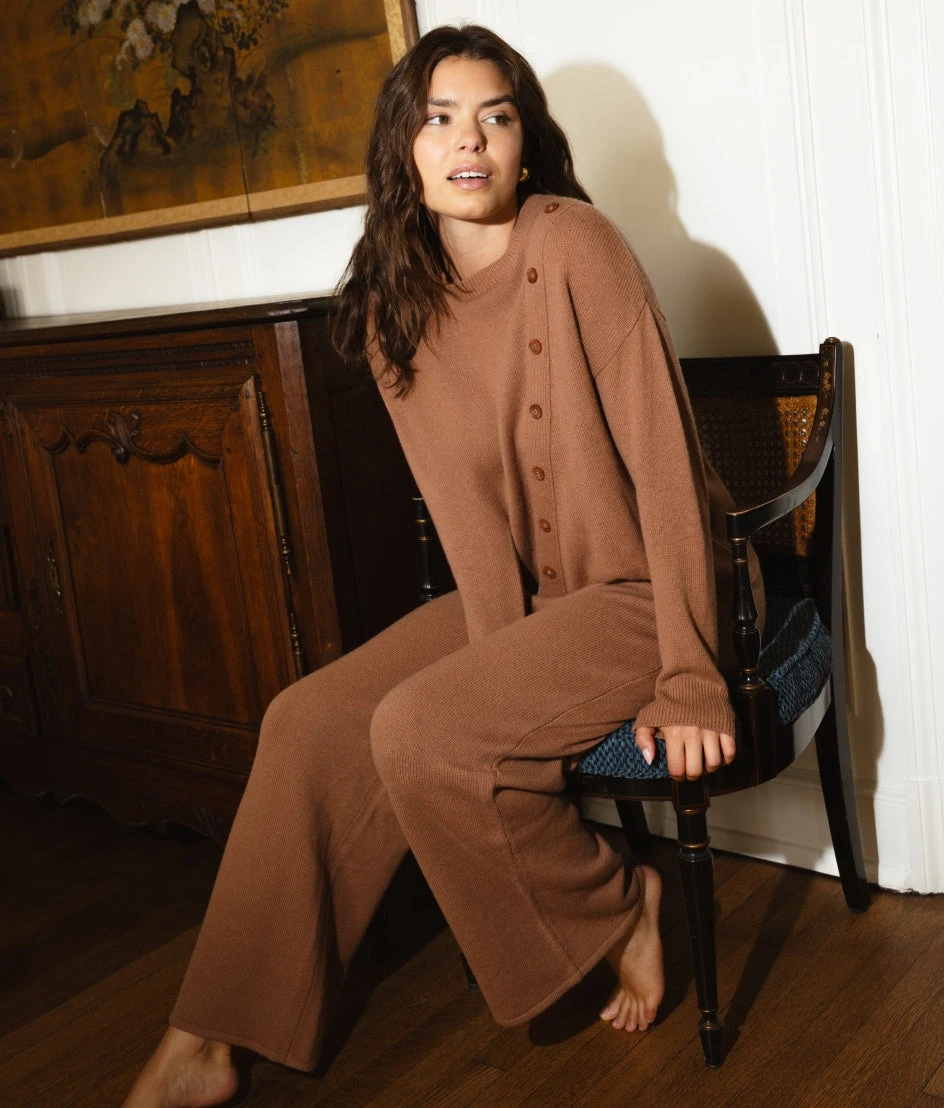 The Luxe Cashmere Blend Button Crewneck - Praline 1 The Luxe Cashmere Blend Button Crewneck - Praline