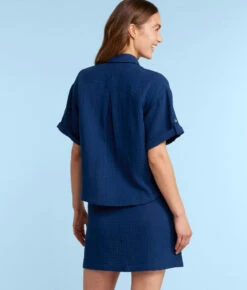 The Cloud Gauze Boxy Cropped Button-Up Shirt - Deep Sea -Classic Lady Wear Store CloudGauzeBoxyCroppedButton UpShirtDeepSeaBack1