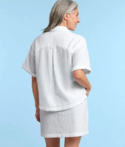 The Cloud Gauze Boxy Cropped Button-Up Shirt - White Sand -Classic Lady Wear Store CloudGauzeBoxyCroppedButton UpShirtWhiteSandBack1