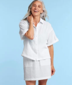 The Cloud Gauze Boxy Cropped Button-Up Shirt - White Sand -Classic Lady Wear Store CloudGauzeBoxyCroppedButton UpShirtWhiteSandFront1