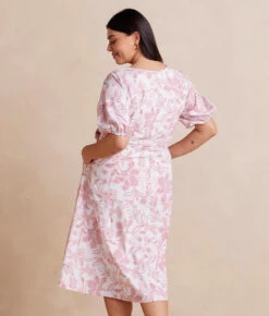 The Coastal Poplin Puff-Sleeve Wrap Midi Dress - Batik Floral In Faded Rose & White Sand -Classic Lady Wear Store CoastalPoplinPuff SleeveWrapMidiDress BatikFloralinFadedRose WhiteSand Back