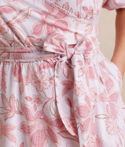 The Coastal Poplin Puff-Sleeve Wrap Midi Dress - Batik Floral In Faded Rose & White Sand -Classic Lady Wear Store CoastalPoplinPuff SleeveWrapMidiDress BatikFloralinFadedRose WhiteSand Detail