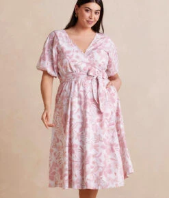 The Coastal Poplin Puff-Sleeve Wrap Midi Dress - Batik Floral In Faded Rose & White Sand -Classic Lady Wear Store CoastalPoplinPuff SleeveWrapMidiDress BatikFloralinFadedRose WhiteSand Front Crop