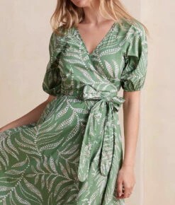 The Coastal Poplin Puff-Sleeve Wrap Midi Dress - Dotted Palms In Seagreen & White Sand -Classic Lady Wear Store CoastalPoplinPuff SleeveWrapMidiDress DottedPalmsinSeagreen WhiteSand Detail