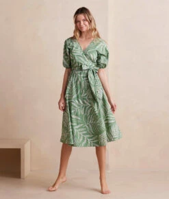 The Coastal Poplin Puff-Sleeve Wrap Midi Dress - Dotted Palms In Seagreen & White Sand -Classic Lady Wear Store CoastalPoplinPuff SleeveWrapMidiDress DottedPalmsinSeagreen WhiteSand Front Full