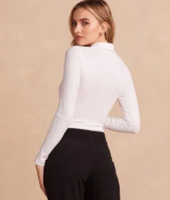 The Essential Long Sleeve Collared Bodysuit - White Sand -Classic Lady Wear Store CollaredBodysuits WhiteSand Back Crop