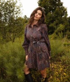 The Countryside Poplin Tiered Shirtdress - Floral Prairie In Chocolate