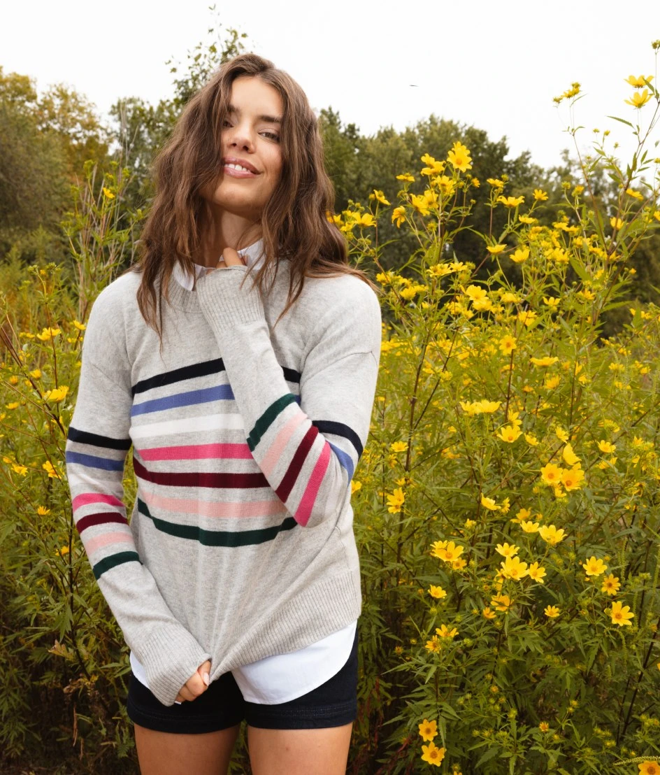 The Coziest Cashmere Blend Striped Crew - Rainbow Stripe On Wolf 1 The Coziest Cashmere Blend Striped Crew - Rainbow Stripe On Wolf
