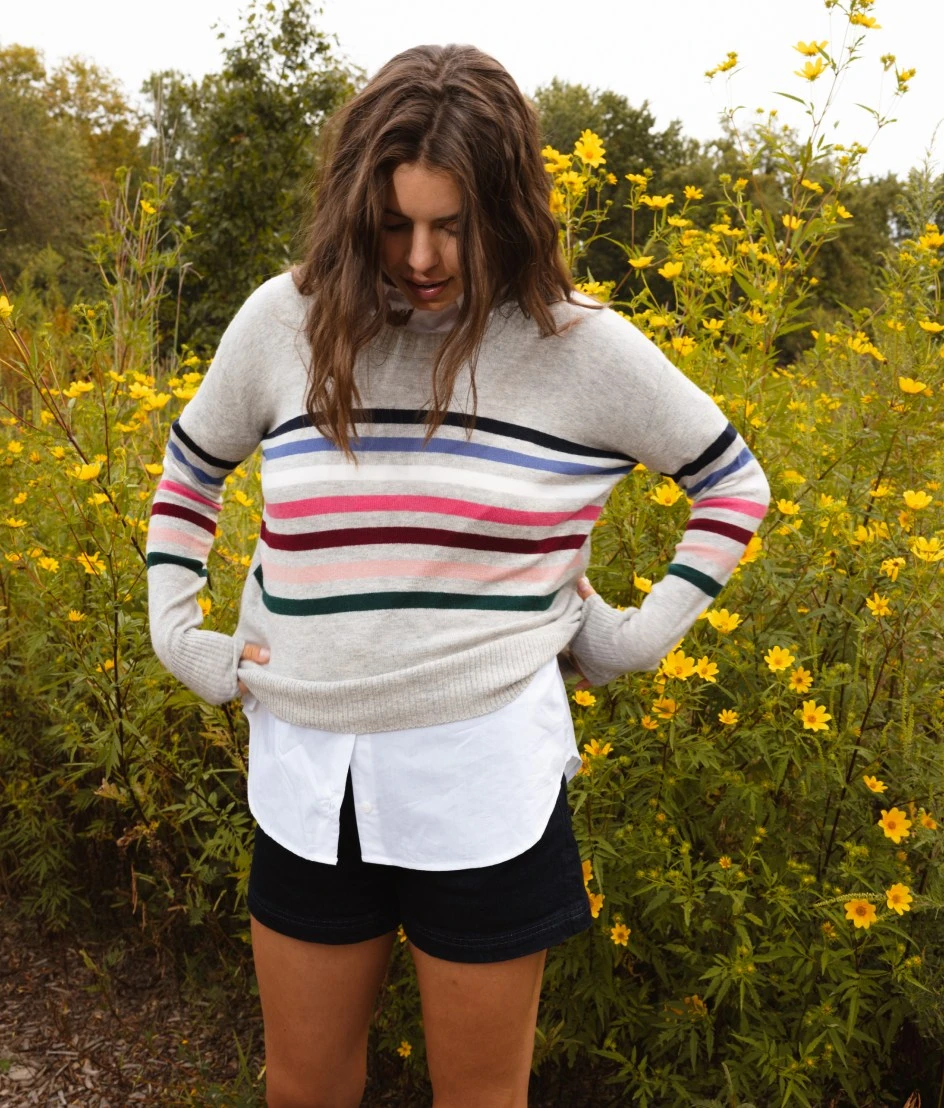 The Coziest Cashmere Blend Striped Crew - Rainbow Stripe On Wolf 2 The Coziest Cashmere Blend Striped Crew - Rainbow Stripe On Wolf - Image 2