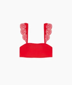 The Eyelet Ruffle Oasis Top - Lava -Classic Lady Wear Store Eyelet Ruffle Oasis Bikini Top Lava Flower Stitching FLAT