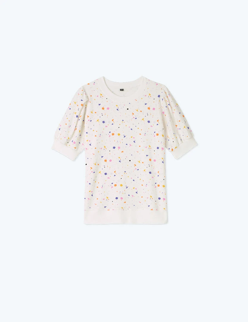 The Softest French Terry Puff Short Sleeve Top - Paint Splatter In White Sand 1 The Softest French Terry Puff Short Sleeve Top - Paint Splatter In White Sand