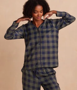 The Cloud 9 Silky Pajama Set - Buffalo Check In Deep Sea & Gold -Classic Lady Wear Store Front Crop2 TheCloud9SilkyPajamaSet BuffaloCheckinDeepSea Gold